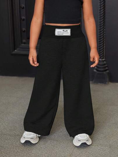 SHEIN 年轻女孩字母补丁细节高腰休闲阔腿宽松运动裤，舒适简约宽松阔腿裤，非常适合休闲日常穿着和学校日常秋冬