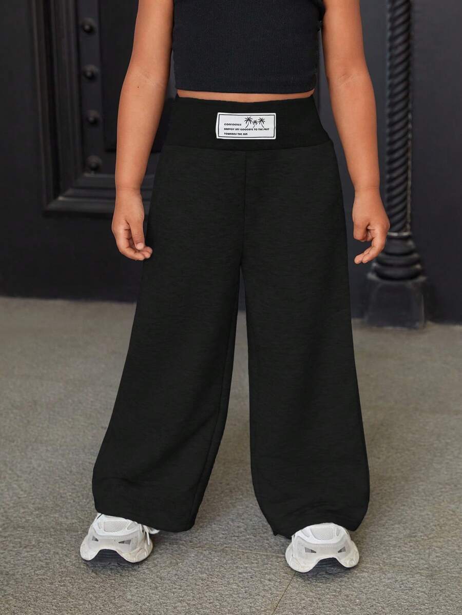 SHEIN Young Girl Letter Patched Detail High Waist Casual Wide Leg Baggy Sweatpants,Comfortable Simple Loose Fit Wide-Leg Pants,Great For Casual & Daily Wear & School Daily Autumn & Winter, Girls Black Sweatpants. Girls Loose Pants Fall - Black - View 1