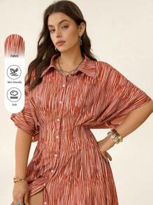 SHEIN LUNE Women's Print Button-Front Pleated Short Sleeve Dress,White,Summer,Smart Casual,Vacation,Fall 4th Of July School Office Country Concert Vintage Outfit - Multicolor - View 1