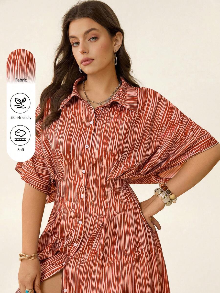 SHEIN LUNE Women's Print Button-Front Pleated Short Sleeve Dress,White,Summer,Smart Casual,Vacation,Fall 4th Of July School Office Country Concert Vintage Outfit - Multicolor - View 1