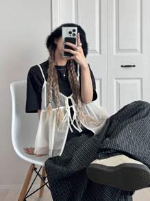 FRIFUL 女士系带网纱修身吊带背心，正面系带褶皱下摆，夏季 - 米色 - 查看 6