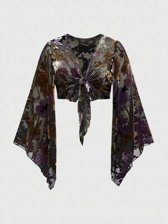 Goth Plus Size Vintage Ombre Velvet Floral Print Asymmetrical Flared Sleeve Open Front Top
