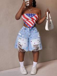 Slaydiva Plus Size Diamond Decoration Distressed Denim Shorts,Back To School - Medium Wash - View 6