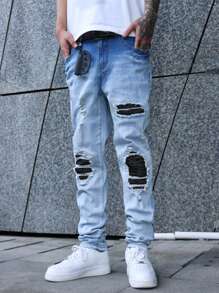 Manfinity EMRG 男式浅蓝色做旧贴布弹力紧身牛仔裤 - 淺色水洗藍 - 查看 3