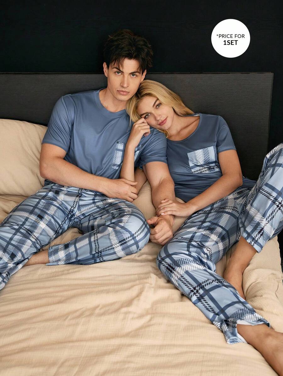 CoupledUp Plaid Print Short Sleeve & Long Pants Casual Men's Pajama Set