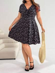 Solflare Đầm thường ngày buộc dây cổ chữ V họa tiết hoa cỡ lớn cho nữ - màu đen - Xem 4