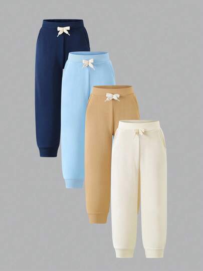 SHEIN 4 件套幼儿男童纯色仿抽绳装饰运动裤，带侧袋，配套套装适合日常户外活动和返校季