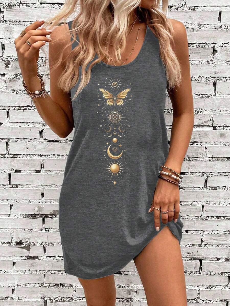 SHEIN LUNE 休闲简约星月蝴蝶印花瑜伽连衣裙，适合夏季穿着 - 深灰色 - 查看 1