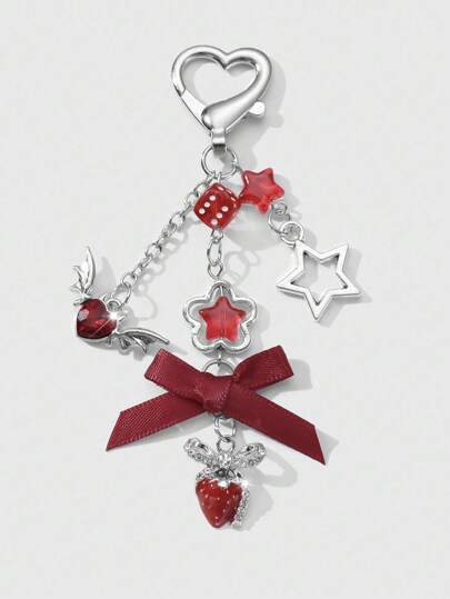Kawaii 1 pezzo Portachiavi a forma di cuore con stella a spirale, fiocco in ribbon e fragola Y2K, ciondolo a cuore, adatto per l'uso quotidiano di donne/signore, regalo per le vacanze