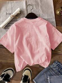SHEIN Leap Crew ModeFlare Wear Tween Girl Casual Simple Pentagram Pattern Short Sleeves T-Shirt, Suitable For Summer - Pink - View 2