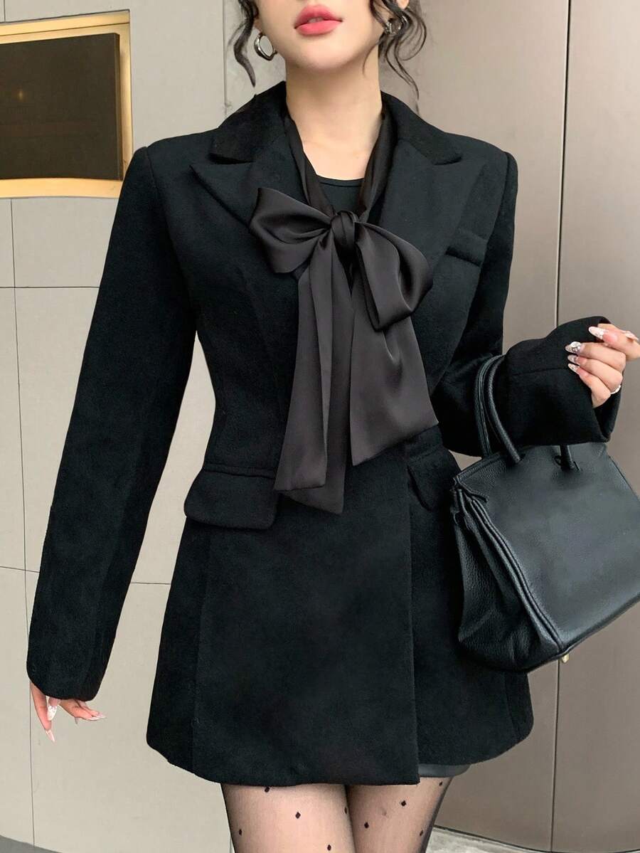 DAZY 女士纯色修身长袖双排扣口袋翻领系带优雅加厚外套秋冬夹克 - 黑色 - 查看 1