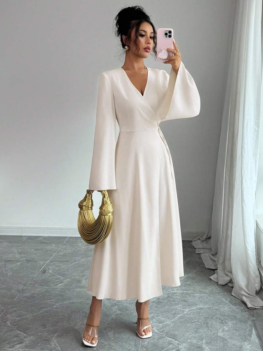 Elenzga Women's Long Flared Sleeve Split Design Apricot Dress Fall Cloth For Women - Apricot - View 1