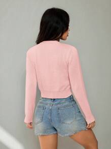 SHEIN PETITE 女士休闲纯色短款开衫 粉色开衫 秋冬女款 - 粉色 - 查看 2