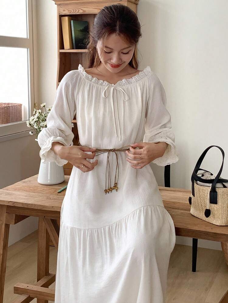 Women's Summer Ruffle Off Shoulder Beaded Tie Waist Lace Trim Midi Dress, Resort Style Linen
