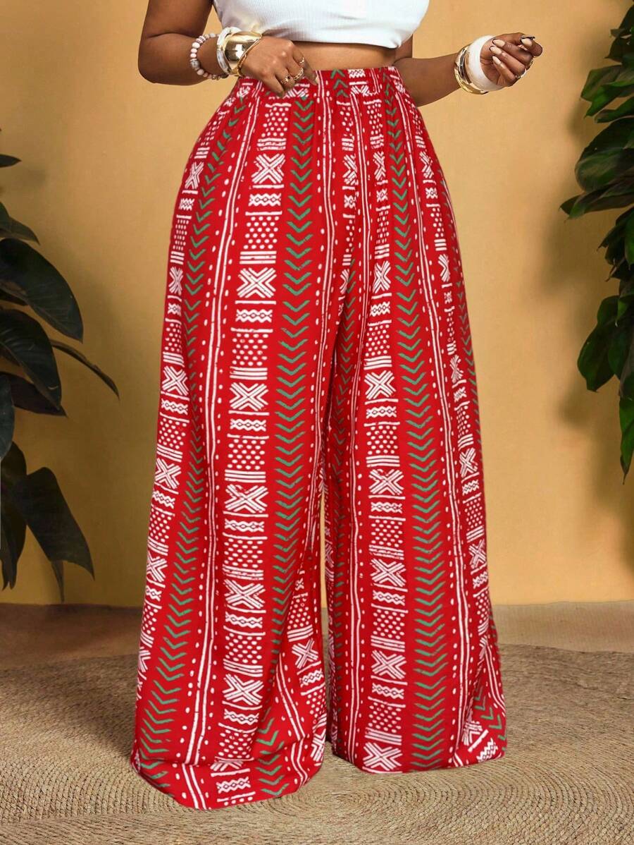 Slaydiva 春夏新品 & 音乐节宽松大码女式超长裤，复古印花 - A - 紅色 - 查看 1