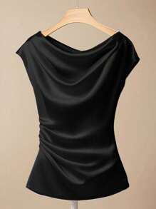 Franclia 女式纯色黑色荷叶边领时尚优雅衬衫 - 黑色 - 查看 3