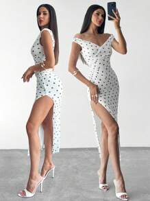 Firerie Damen rüschenbesetztes trägerloses Retro Polka Dot sexy elegantes Maxikleid, Göttin Kleid, Frühlings-/Sommermode, geeignet für Pendeln, Eleganz, Sexiness, Urlaub, Strand, Boho, Hawaii, Musikfestival, Romantik, Date, Party, Hochzeitssaison, Abschlussball, Aufführungsbekleidung, Konzert, Vintage - Schwarz und Weiss - Übersicht 4