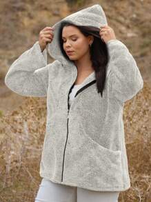 EURMUSE 休闲纯黑色泰迪毛皮拉链连帽夹克