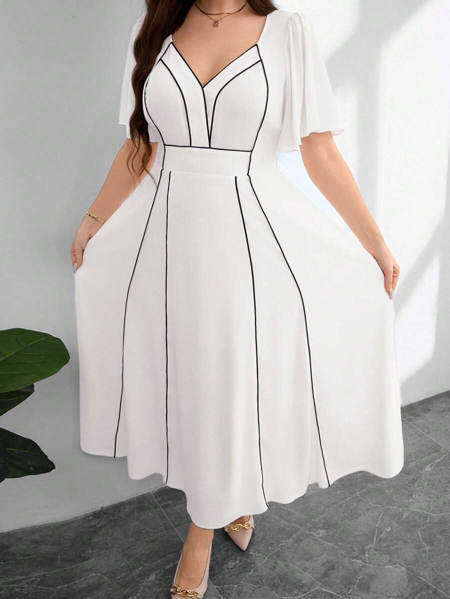 Modelyn Plus Size Women V-Neck Ruffle Sleeve Cinched Waist A-Line Dress - White - View 1