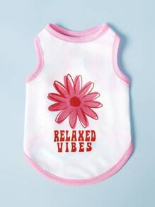 PETSIN 1pc Pet Cat Dog Universal Pink Flower Fashion Printed Pattern Casual Comfortable Dog Tank Top