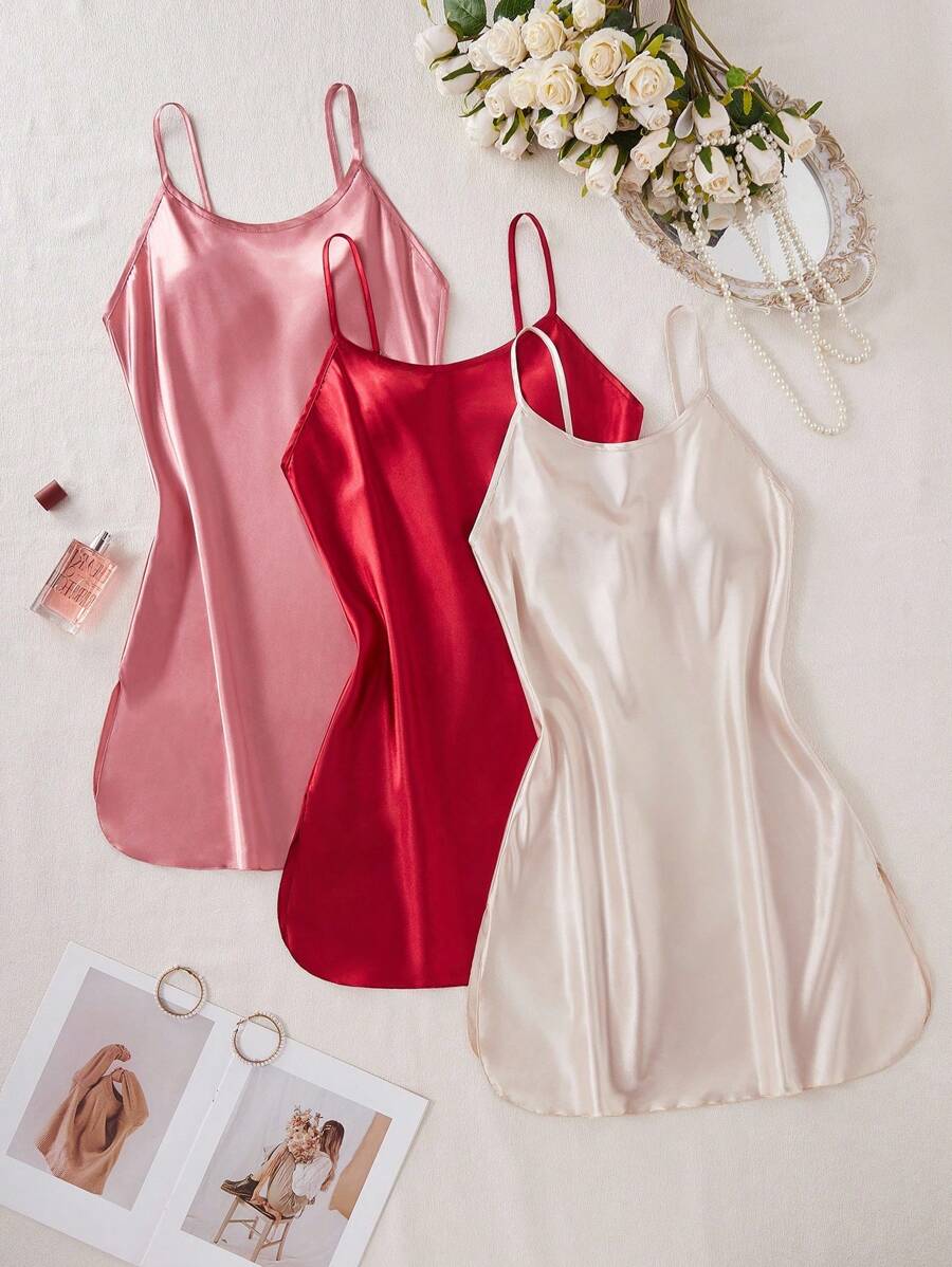 LuxeNights 3-In-1 Side Slit Faux Silk Dress Set Luxe Loungewear - Multicolor - View 1