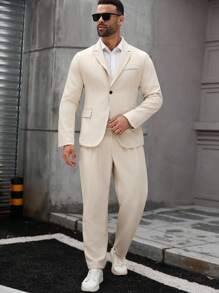 Manfinity Mode Men's Plus Size Gentleman Business Single Breasted Blazer & Pants Set