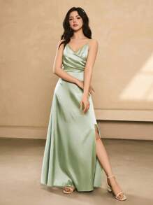 Wedding Bridesmaid V-Neck Satin Ruched Waist High Slit Dress For Teen Girl Suitable For Prom, Graduation, Birthday Party, Halloween - Green - View 8