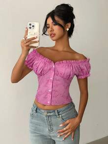 Aloruh Blusa de moda con hombros descubiertos y bordado para mujer, primavera/verano - Rosa Fucsia - Ver 1