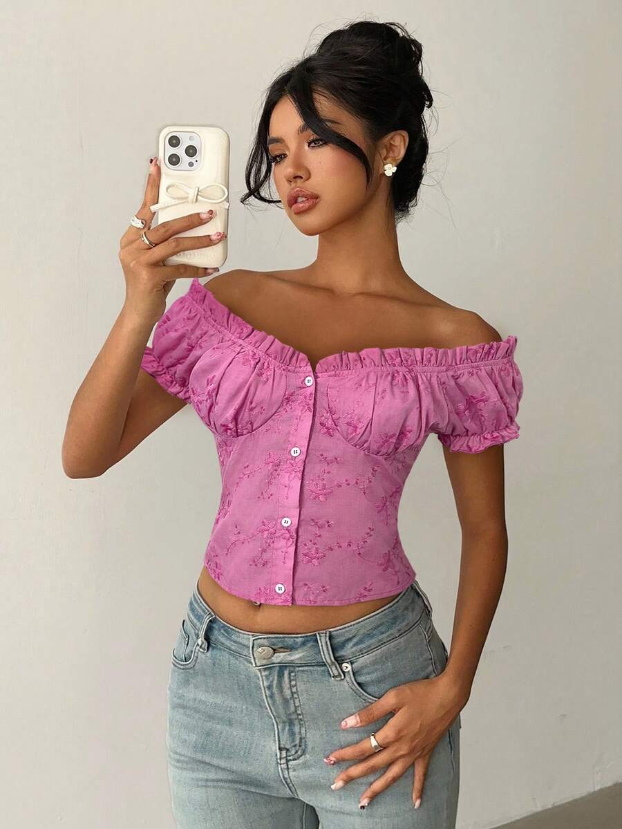 Aloruh Blusa de moda con hombros descubiertos y bordado para mujer, primavera/verano - Rosa Fucsia - Ver 1