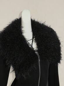 SHEIN ICON Y2k 秋季西部风外出黑色拉链垃圾摇滚音乐会哥特纯色人造毛皮拉链拼布修身长袖夹克 - 黑色 - 查看 8