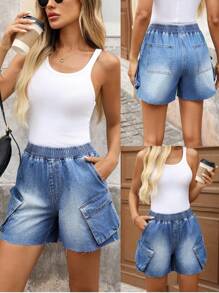 EMERY ROSE Mature Denim Women Casual Washed Denim Cargo Shorts, Summer - Blue - View 1