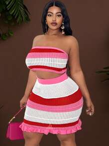 Veslaya Plus Size Women Music Festival Style Bandeau Crop Top + Ombre Ruffle Trim Mini Skirt 2 Pieces Set - Multicolor - View 1