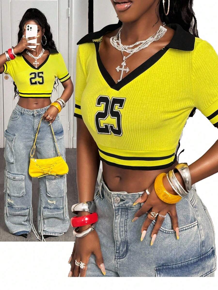 BamGleam Áo thun nữ tay ngắn dệt kim họa tiết sọc chữ đơn giản cổ chữ V màu tương phản mới mùa hè - Màu vàng - Xem 1