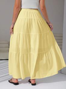 SHEIN EZwear Plus Size Women Solid Color Waist Tie Ruffle Hem Casual Skirt,Back To School - Yellow - View 2