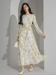 Modelyn 女士花卉印花褶饰圆领灯笼袖优雅中长连衣裙