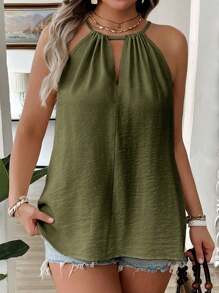 SHEIN LUNE Plus Size Stylish Apricot Spaghetti Strap Casual Loose Slimming Concealing Skirt Sexy Shoulder Strap Chic Ladies Camisole - Army Green - View 5