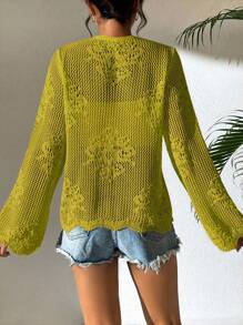 Breezaya Áo khoác cardigan dệt kim nhẹ tay chuông đơn sắc thường ngày cho nữ - màu xanh lá - Xem 2
