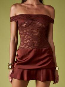 MISSGUIDED Off Shoulder Lace Bodice Mini Dress Evening Party Ruched Bodycon Form Fitting Satin Skirt Feminine A Line Night Out Holiday Special Occasion - Brown - View 4