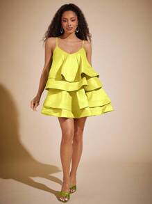 Vixey 层叠夸张荷叶边吊带连衣裙，波西米亚风，女士早午餐装，度假装，春季装，夏季装，夏季连衣裙，复活节装 - 黃色 - 查看 3