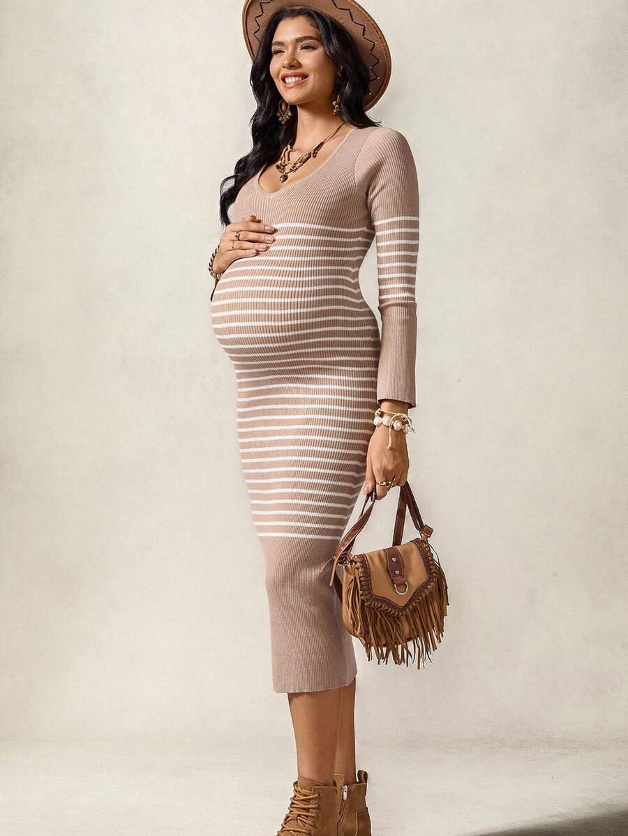 Boho Mama Maternity Stripe V-Neck Long Sleeve Bodycon Knit Dress - Khaki - View 1