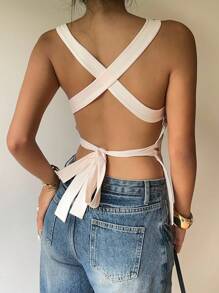 Siren Gaze 女式花卉亮片装饰侧开衩圆领时尚吊带背心 - 杏色 - 查看 2