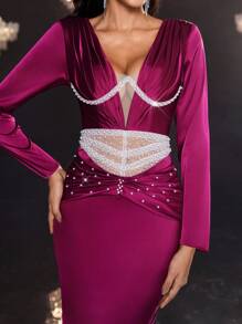 Glamrae Elegante tren fruncido con cintura de manga larga, cuello en V, calado, escote en pico, perla y calada, talla grande, color rosa oscuro, para mujer - Rosa Fucsia - Ver 6