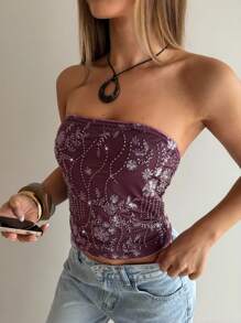 Aloruh 女士性感酒红色刺绣亮片露肩短款上衣，派对装 - 酒紅色 - 查看 8