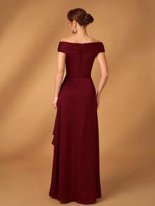 Serin Elegant Satin Off Shoulder Pleated A-Line Asymmetric Ruffle Hem Dress, Suitable For Evening Party, Gala, Wedding, Bride Mother Formal Wear