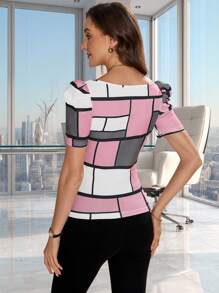 SHEIN Clasi Áo thun nữ tay in họa tiết Gigot thanh lịch - Nhiều màu - Xem 2