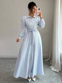 Selianne Váy sơ mi đi làm phong cách Châu Âu thanh lịch hàng ngày dành cho nữ, tay dài, thắt nơ eo, trang trí pha lê, sang trọng cổ điển, thích hợp cho lễ hội âm nhạc, đua xe, đi làm, mua sắm, nghỉ dưỡng và các dịp khác - Màu xanh lam - Xem 3