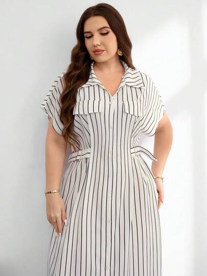 Modelyn 条纹印花衬衫领扣挡板设计蝙蝠袖优雅时尚百搭大码女式连衣裙