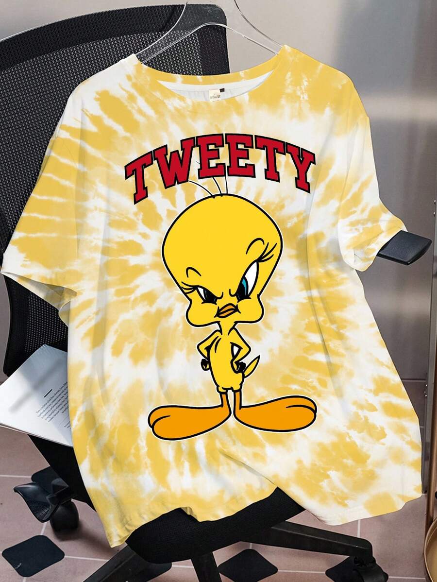 LOONEY TUNES X SHEIN 大码扎染卡通图案圆领短袖T恤 - 黃色 - 查看 1