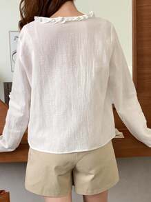 DAZY Blusa Feminina de Verão com Babados, Renda e Recortes, de Manga Longa - Bege - Visão 2