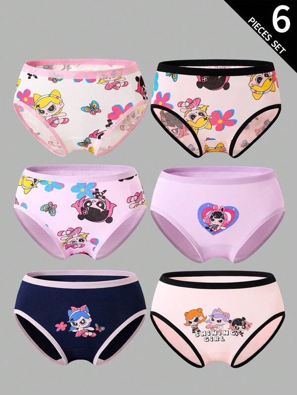 6pcs/Pack Girls' Cotton Cute Hip Hop Flying Girl Print Briefs Cute Panties,Backto SchoolFashion